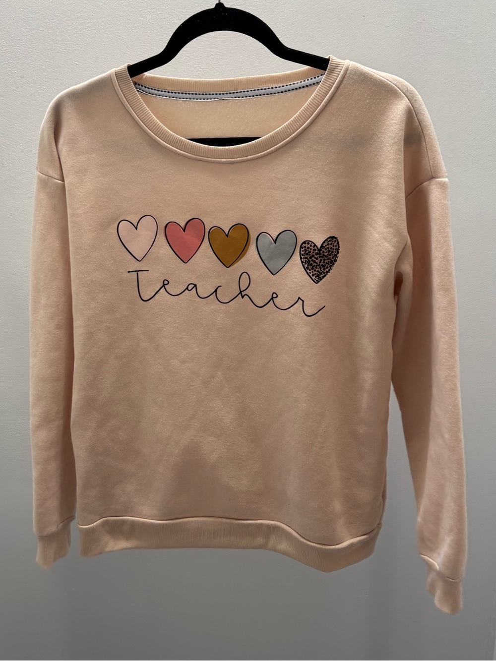 SHEIN Cream Heart Teacher Pullover Sweatshirt